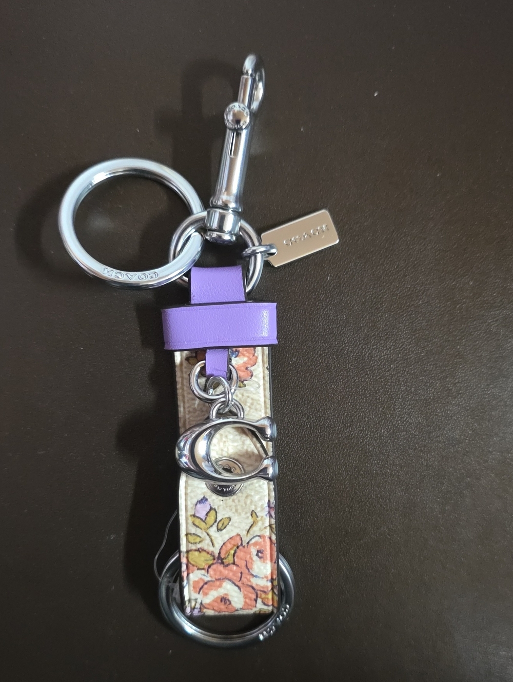 Coach Floral Print Double Key Ring W/ Leather Strap Nwot